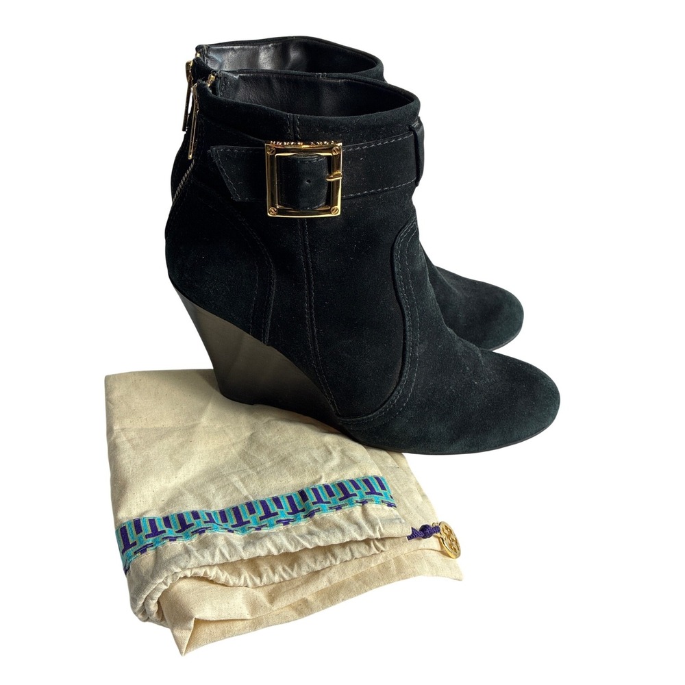 Tory Burch Black Suede Wedge Ankle Boots Gold Buckle Back Zip Size 9.5M